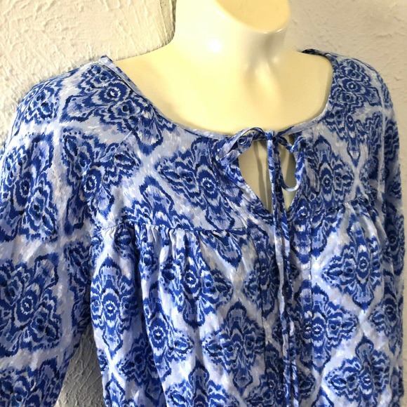 Cynthia Rowley Blue White Print Rayon Tie Long Sleeve Pullover Peasant Shirt S - Picture 3 of 10